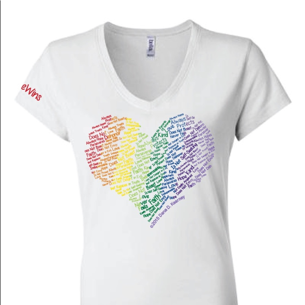 LoveWins Heart w/ Scripture Rainbow V Neck Tee
